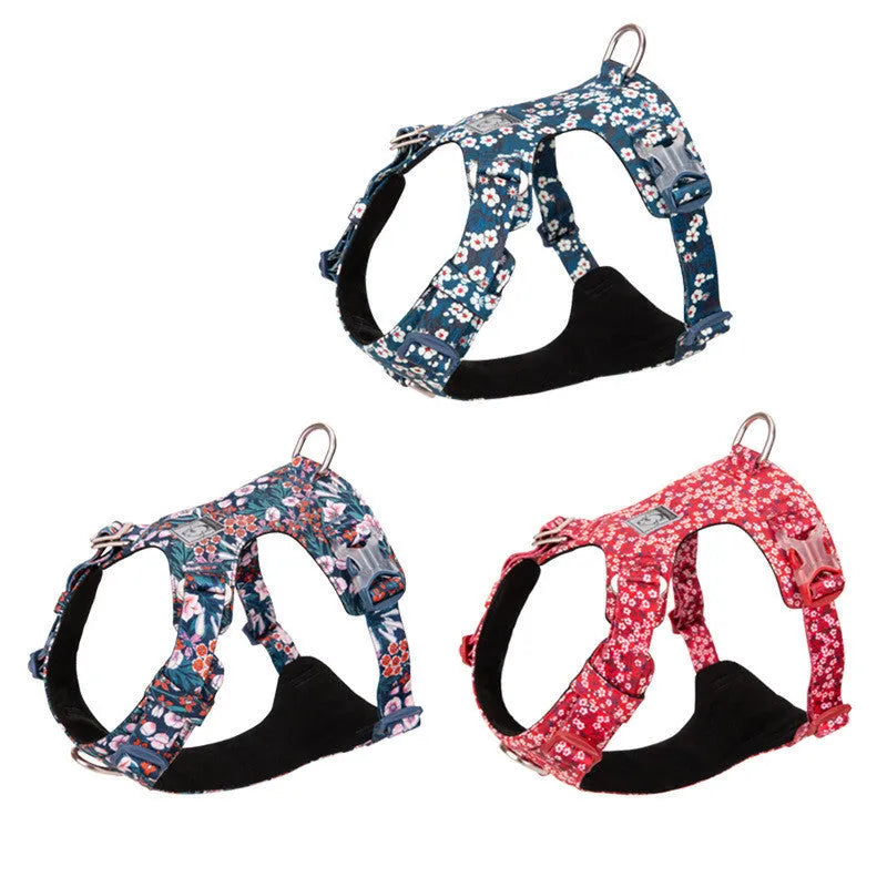 Floral pattern cotton pet chest harness with leash attachment for dogs