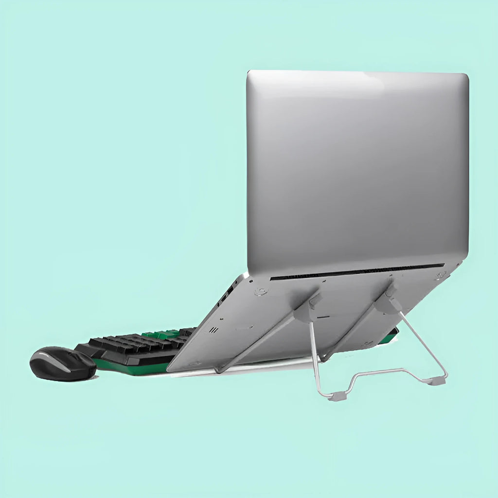 Grey aluminium alloy mobile phone stand with adjustable angle, holding a smartphone