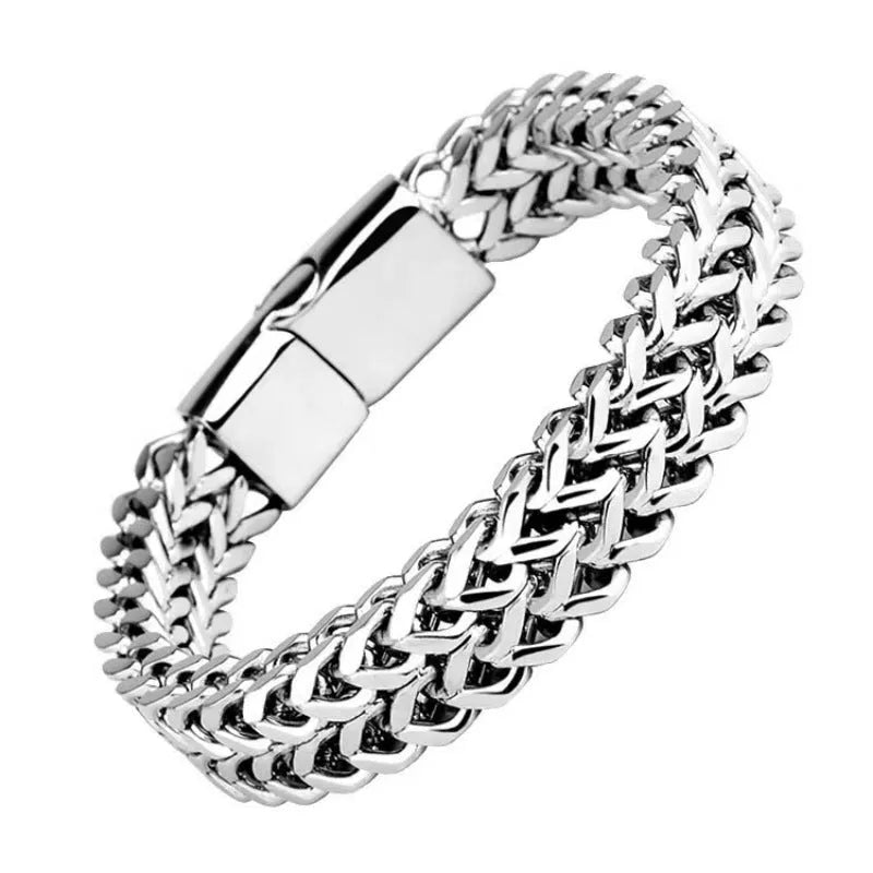 Silver geometric hip hop bracelet in titanium steel with front and back chain link design