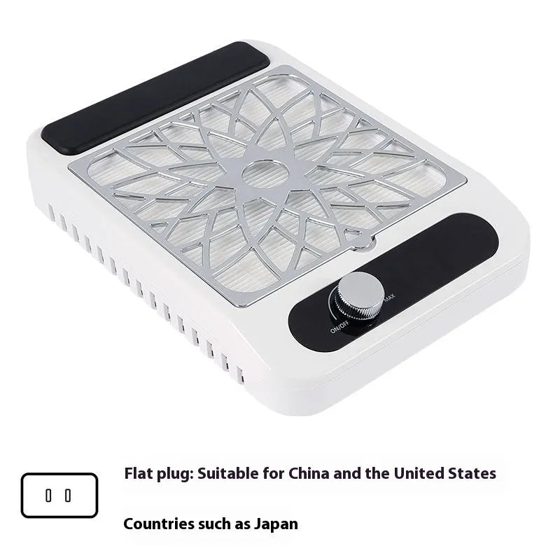 White high-power nail dust collector with adjustable speed and filter net on a desk