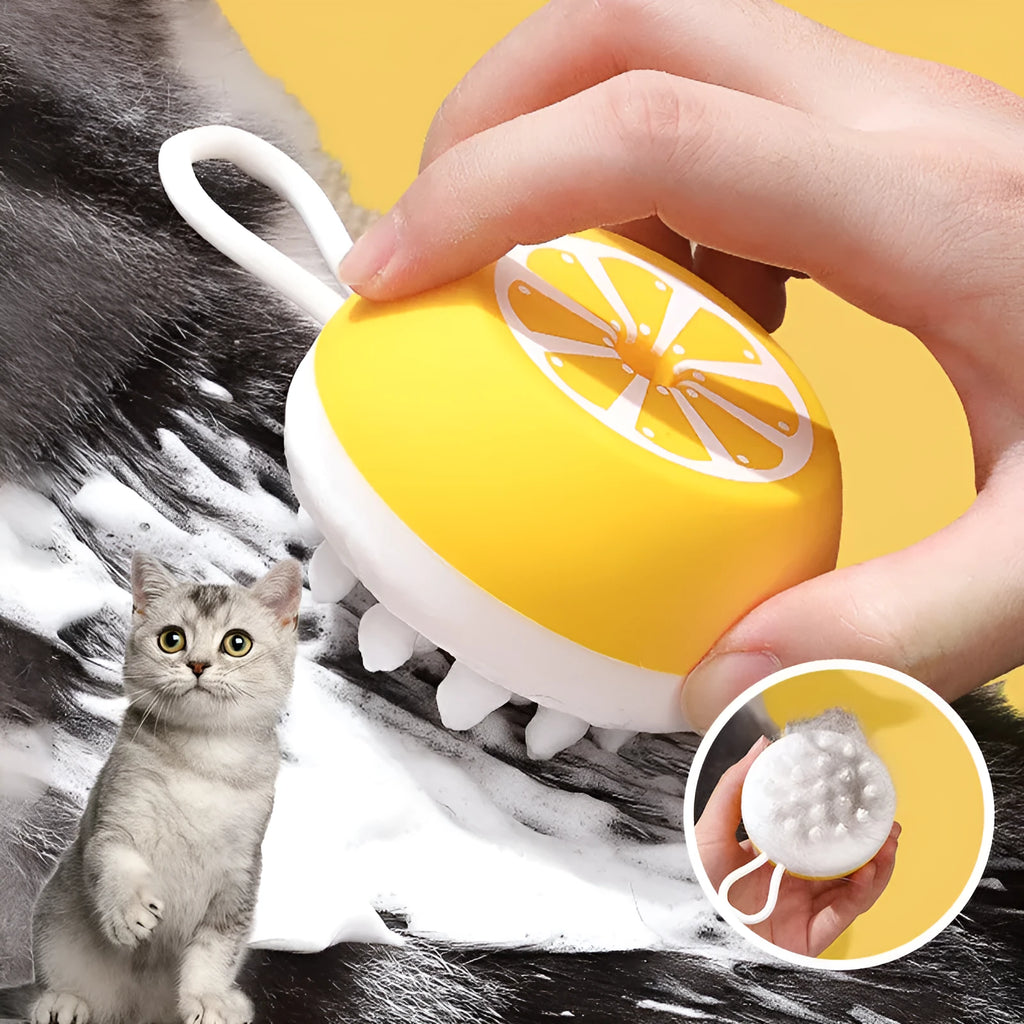 A soft silicone pet bath brush and massage comb in yellow, showing both the combed hair head and the 3D massage head.