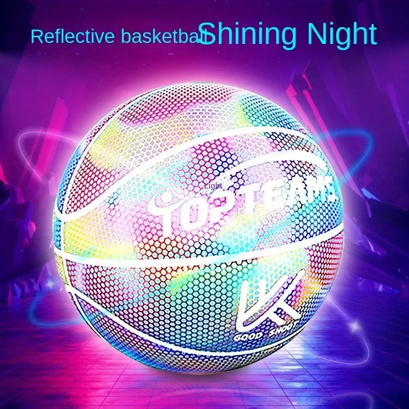 Holographic luminous reflective PU basketball No. 7 with fluorescent glow in chroma colour