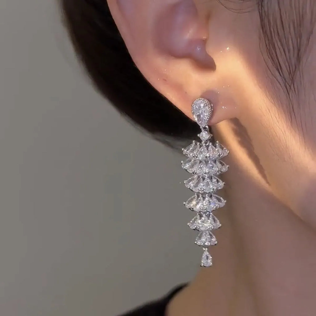 Copper Christmas tree drop earrings with sparkling zircon in silver pagoda colour