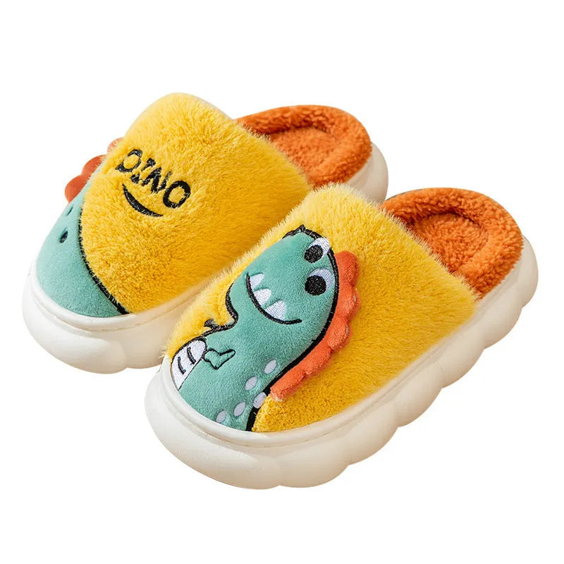 A pair of warm cotton plush couple slippers with a thickening design in a dinosaur-themed colour.