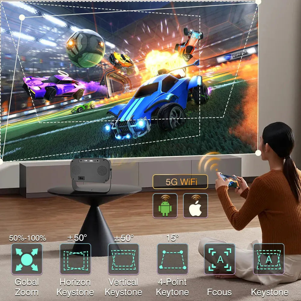 Black portable HD projector with Android system, remote control and multiple power cable adaptors