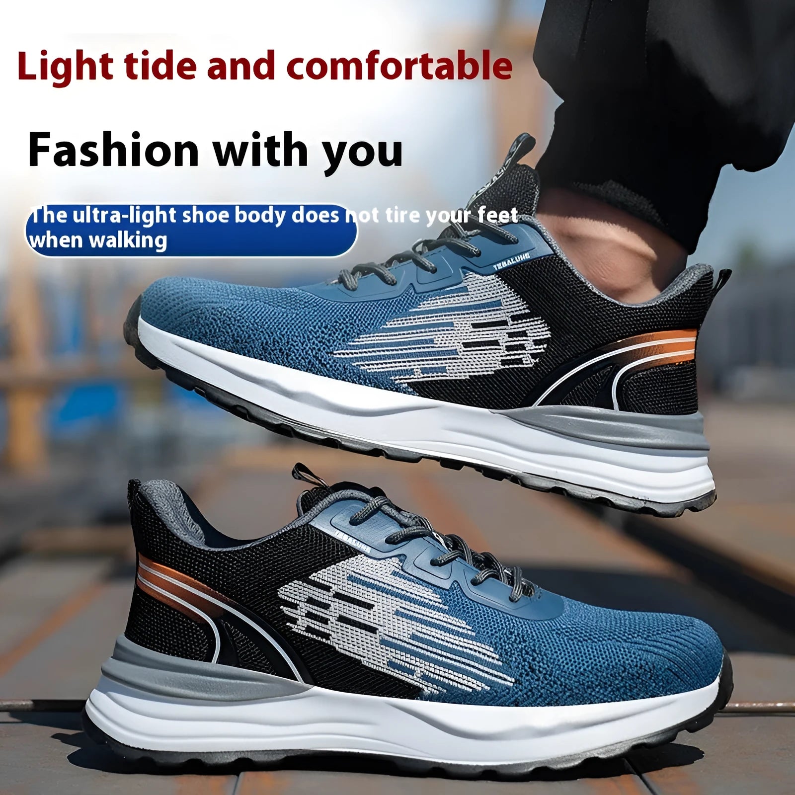 Blue men's lightweight safety work shoes with Flyknit mesh upper and non-slip PU sole