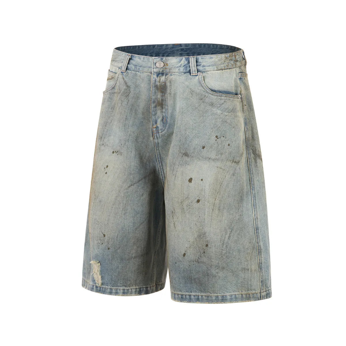 Men's washed blue cropped denim jeans with straight leg and zipper fly