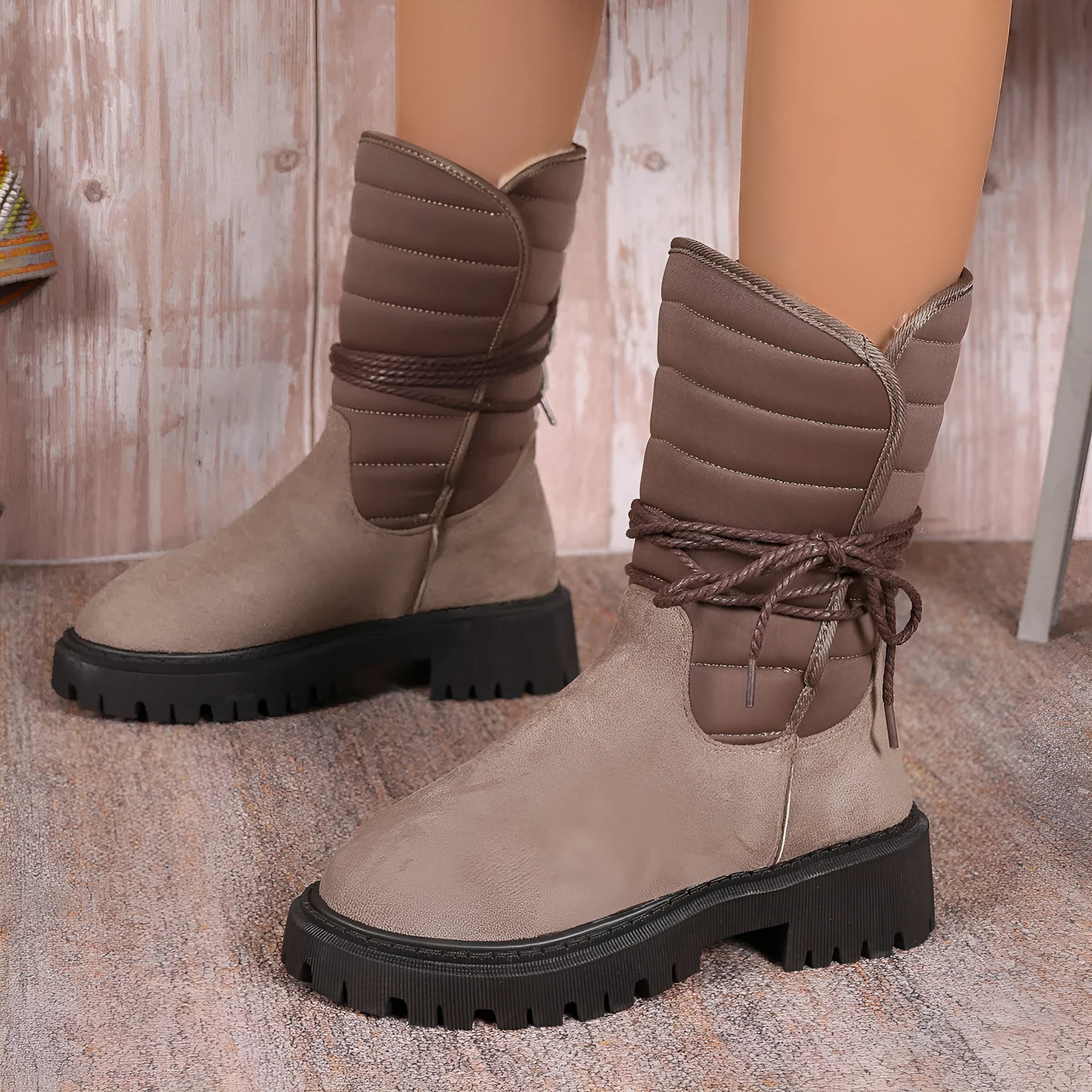 Women's chunky heel snow boots in suede with lace-up front and fleece lining