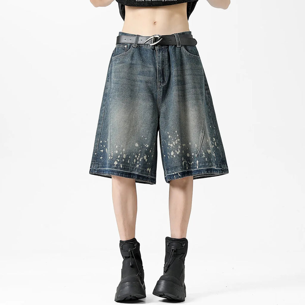 Retro washed denim men's shorts with ripped and splash ink detailing in retro blue colour, straight-leg five-point cut