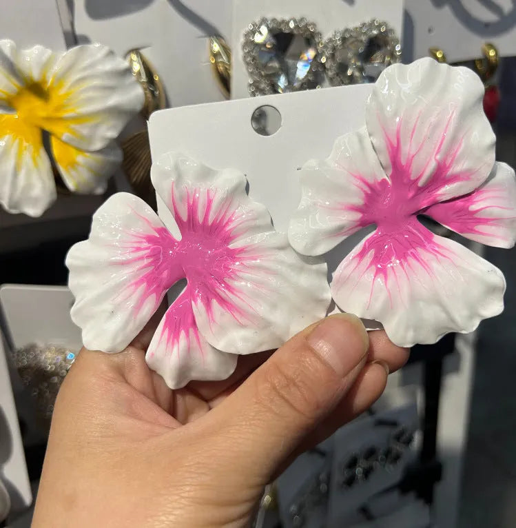 Pastoral-style alloy flower stud earrings with oil-spot glaze electroplating finish