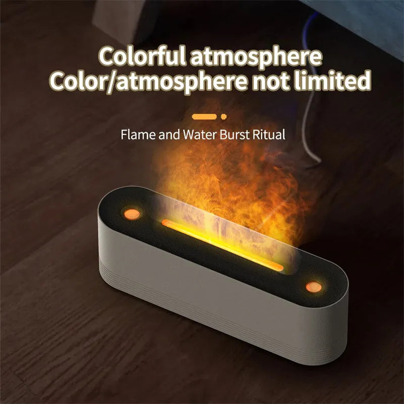 Black Flame Air ultrasonic humidifier diffuser with coloured LED lights on a wooden table