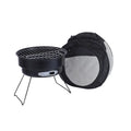 Small portable folding round ice stove barbecue grill set with mesh, legs, and clip on a grey background.