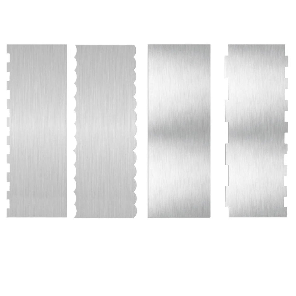 Stainless steel cream scraper with a polygonal patterned edge for cake decorating.