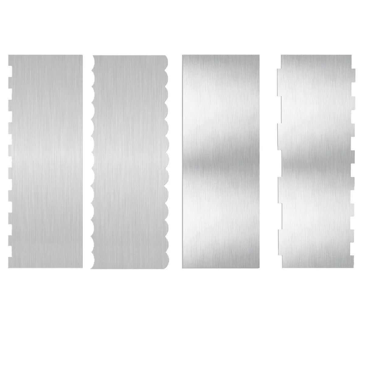 Stainless steel cream scraper with a polygonal patterned edge for cake decorating.