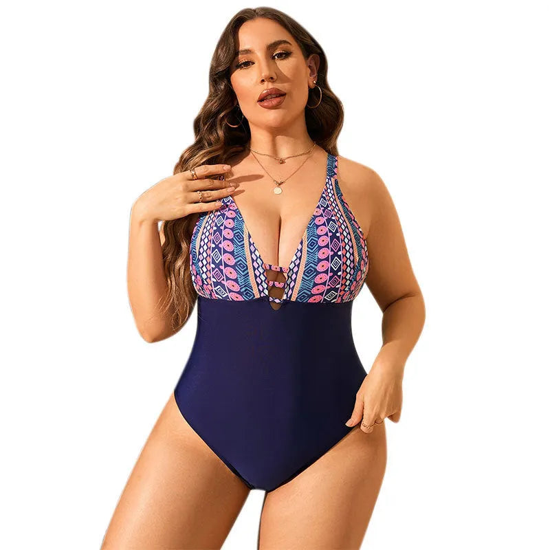 Plus size women's leopard print swimsuit with V-neck and belly coverage design