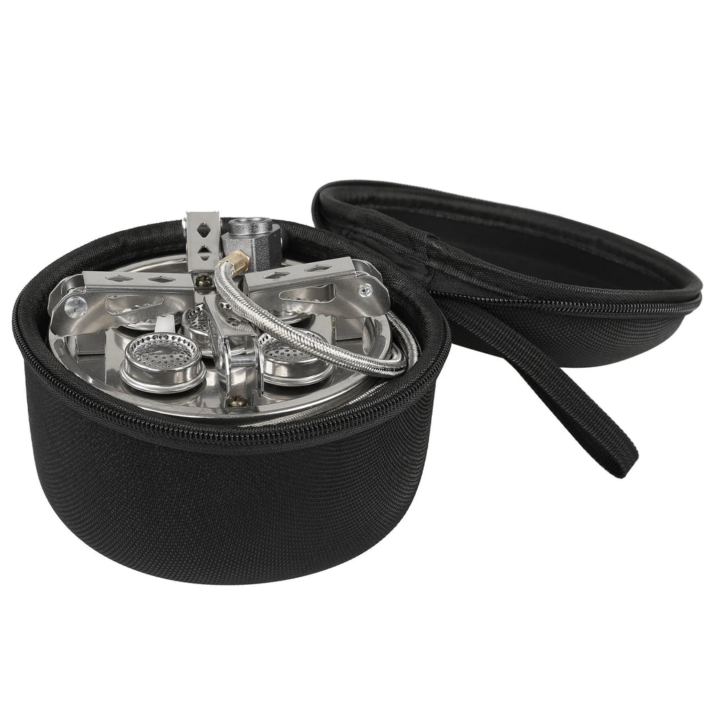 Silver portable split camping stove made of stainless steel and copper, shown in folded position.
