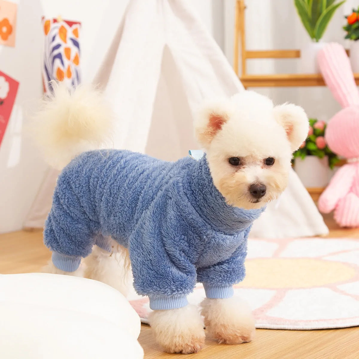 Double-sided thick plush dog clothes with high collar in khaki, pink, or blue colours showing four-legged design
