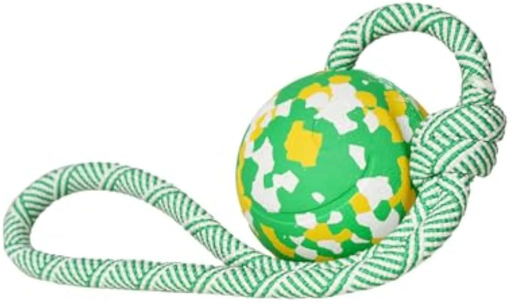 Natural rubber dog ball attached to a blue nylon rope for fetch and tug-of-war play.