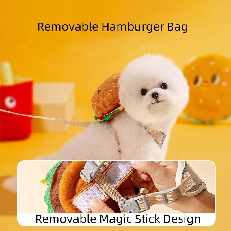 Cartoon hamburger design adjustable escape-proof vest leash for a dog on a walk.