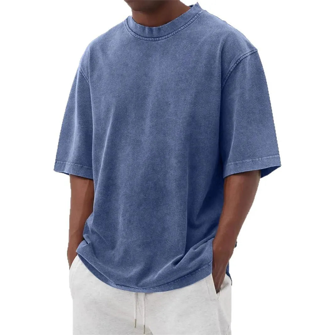 Men's stone-wash distressed pullover t-shirt in loose fit with half sleeves