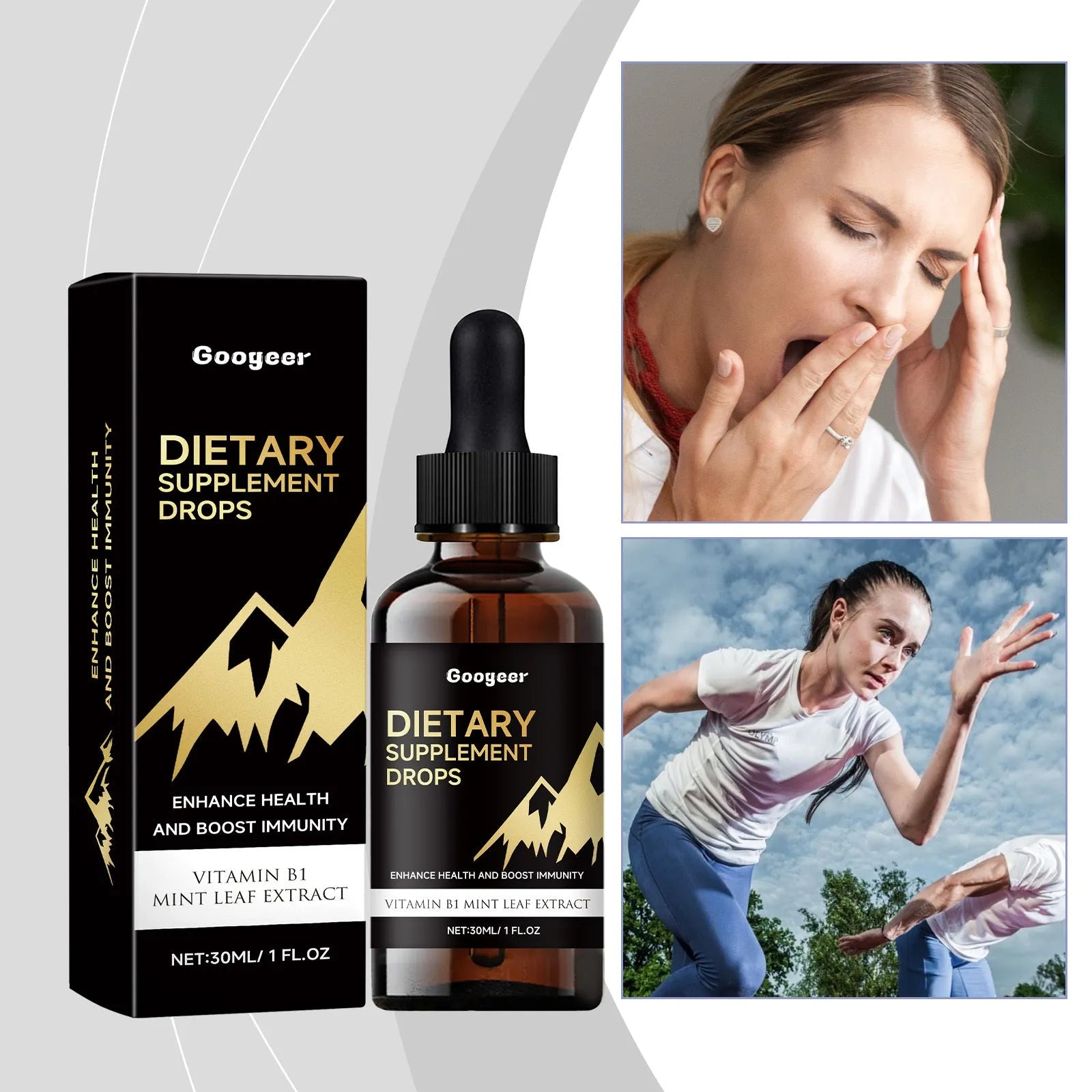Bottle of liquid dietary supplement drops with dropper against plain background