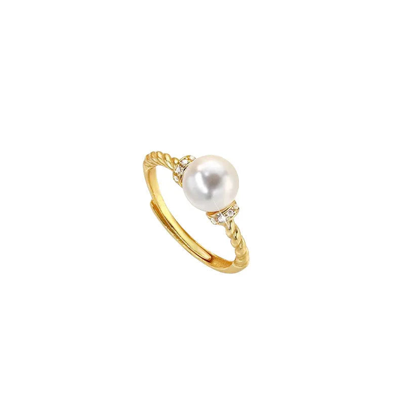 Adjustable copper ring with geometric pearl inlay in antique twist design