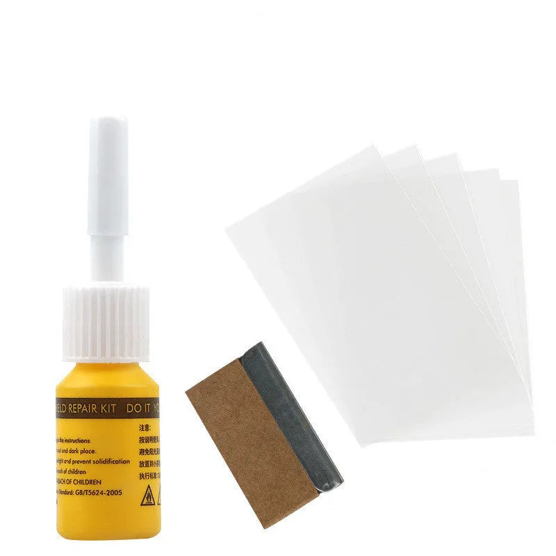 Yellow car glass repair agent tool set for windscreen repair with three components