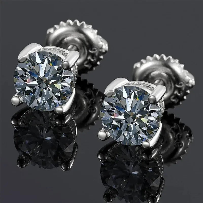 Silver screw fastening moissanite stud earrings with geometric 7mm design and four claw setting