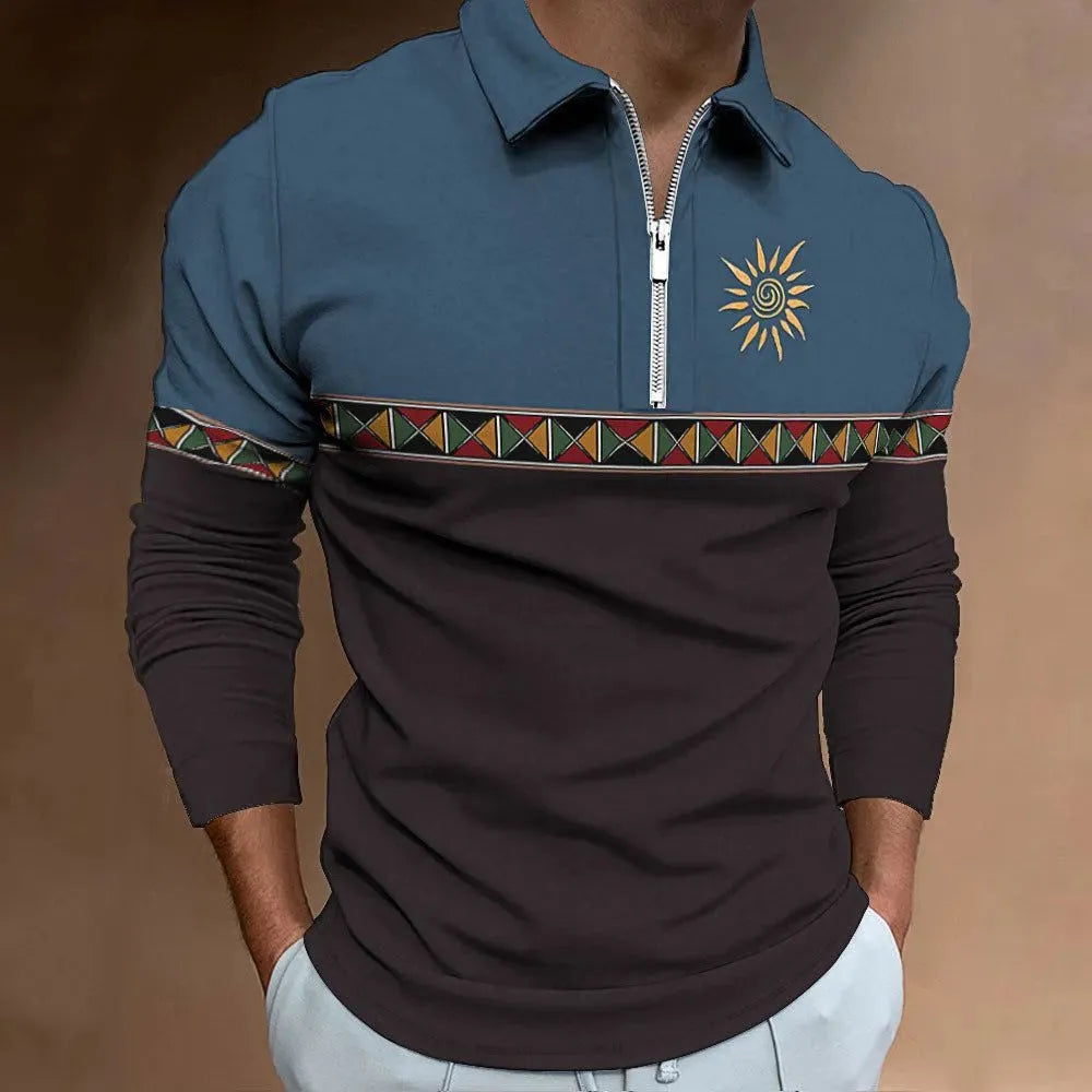 Men's loose fit long sleeve polo shirt with retro colour printing and zip decoration details.