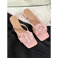 Cream-white women's fashion flower chunky heel square toe one-line satin sandals with rubber sole