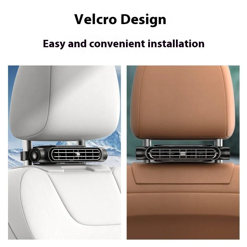 CF03 model USB plug-in car seat fan with Velcro strip, shown in beige colour on a car headrest.