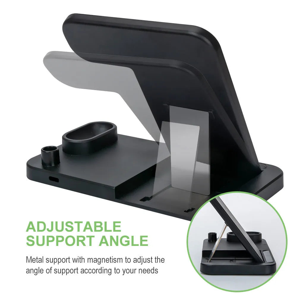 Folding 4-in-1 wireless charger showing multiple charging pads in open position with smartphone placement