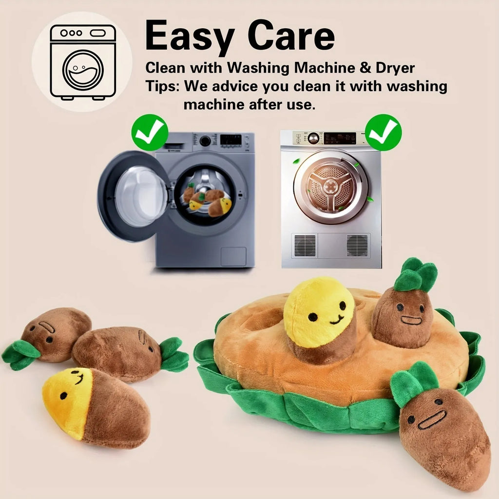 Yellow interactive dog puzzle pad with removable squeaky plush toys for slow feeding and foraging games.