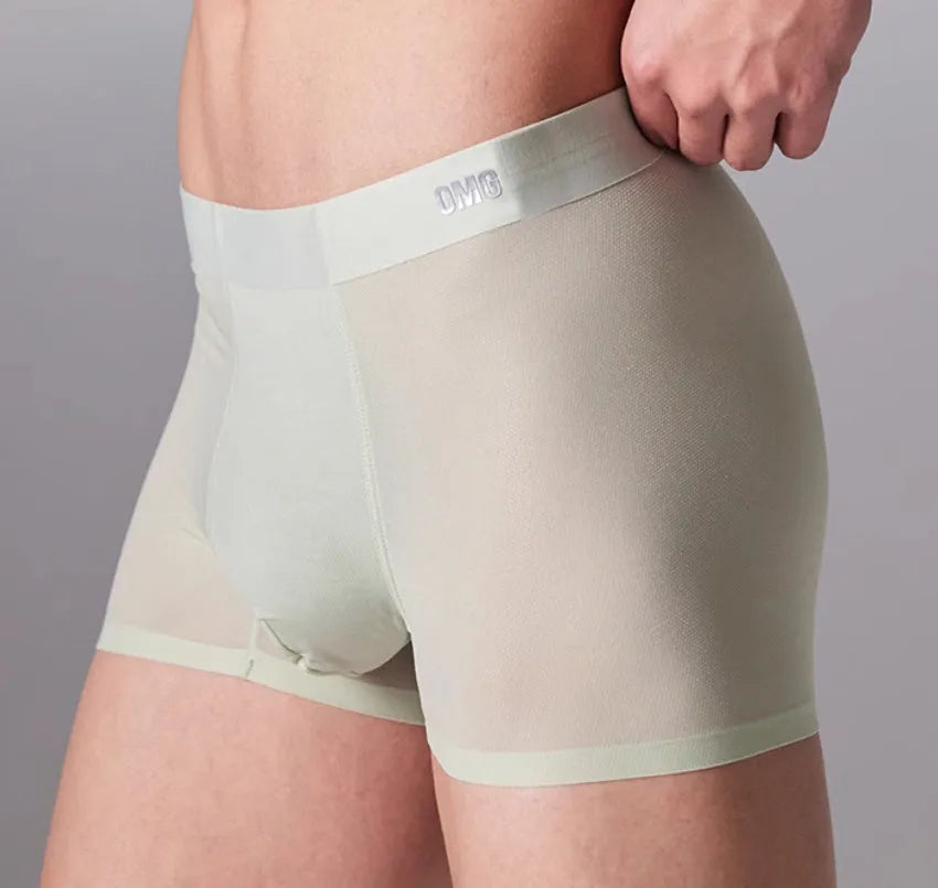 Men's seamless antibacterial sports underwear shorts in black, blue, green, and silver colours.