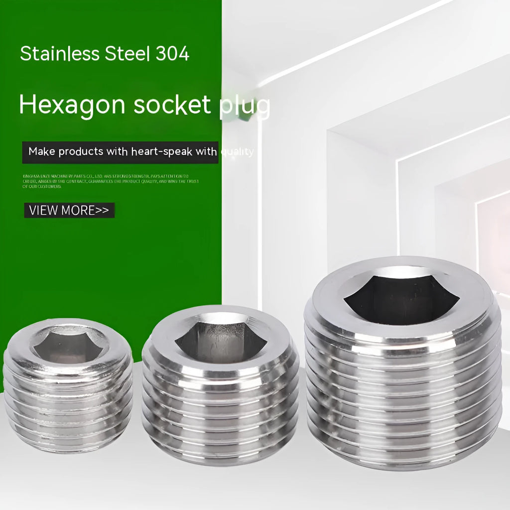 A single stainless steel hexagon pipe plug with a 3/8 series thread for bulkhead fittings.