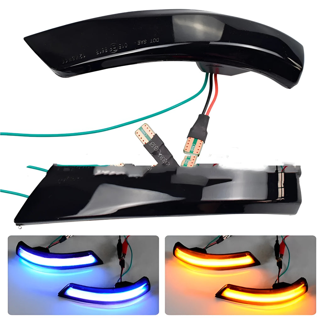 Pair of Ford Focus and Mondeo rearview mirror waterfall lights in ABS housing, showing yellow and two-tone LED options.