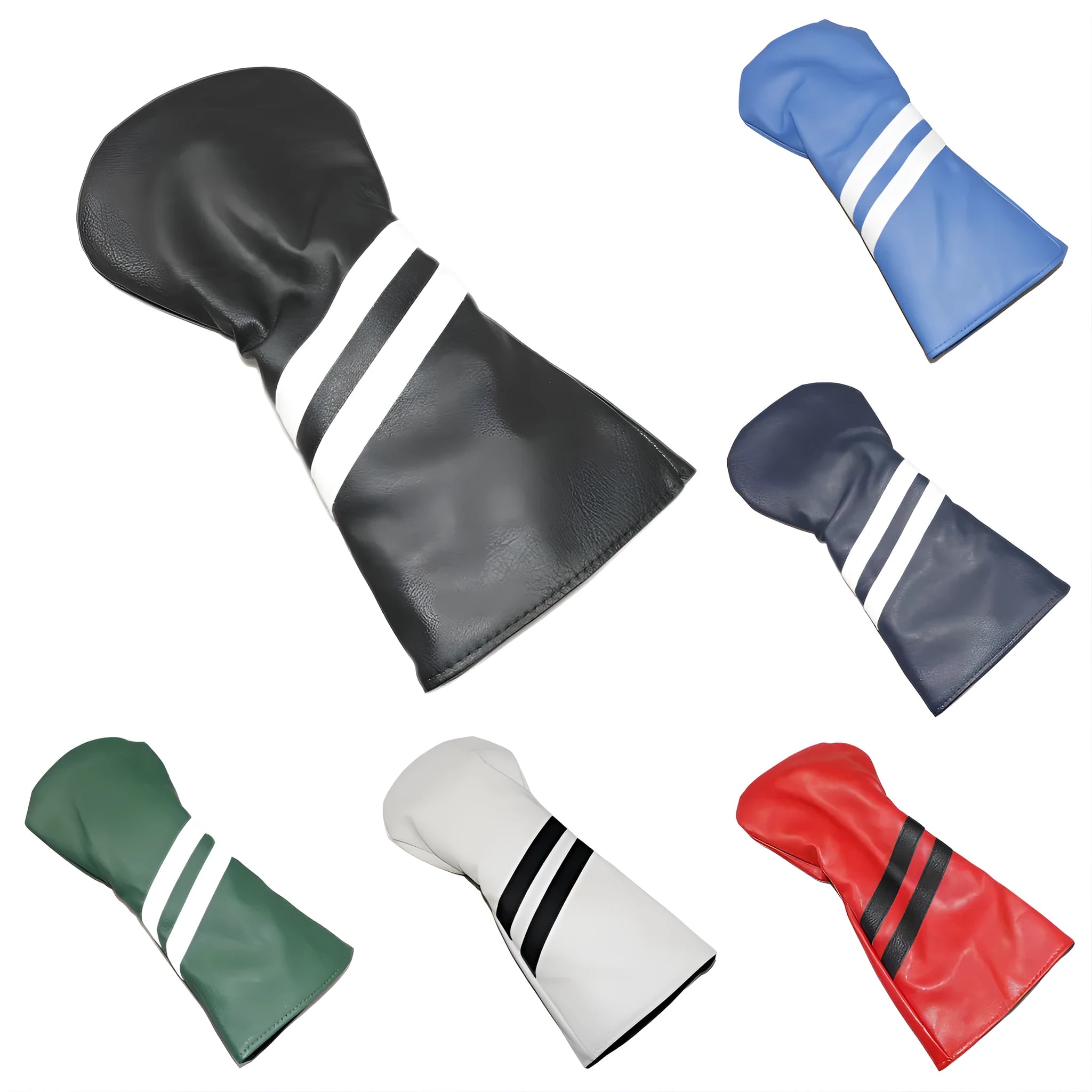 Golf club sleeve two oblique strips wood rod head cover in black PU, side view