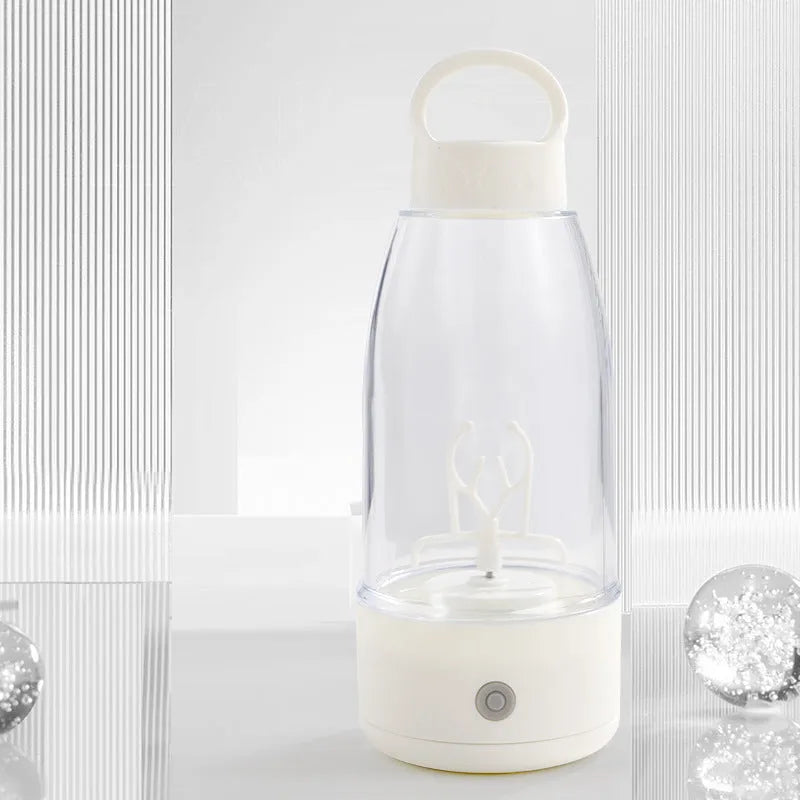 Automatic electric shaker bottle with USB charging, 350ml capacity, in cream white colour on a background