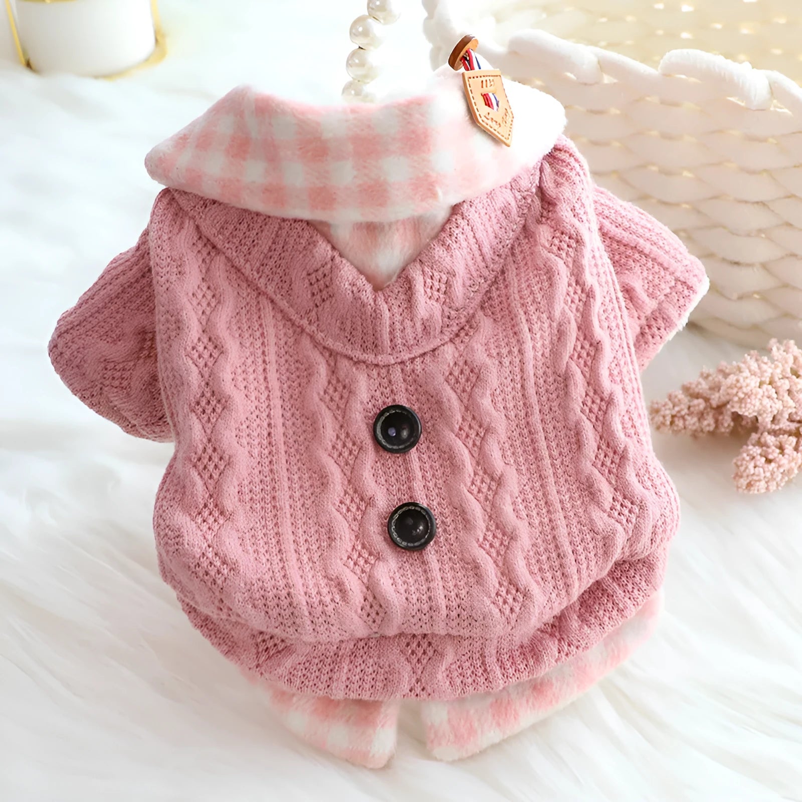 Wool plaid fake two pieces dog sweater in blue with fleece lining for small to large dogs