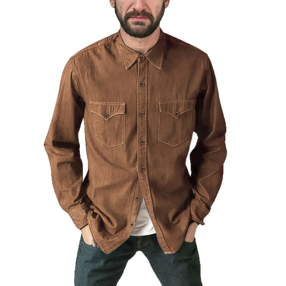 Men's regular fit denim cardigan coat in khaki, black, blue, or grey with button front.