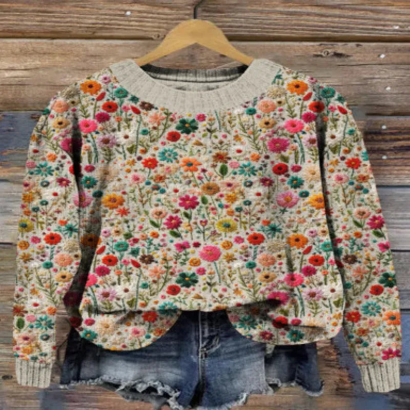 Women's Little Flower digital printed floral pattern round neck long sleeve polyester sweater