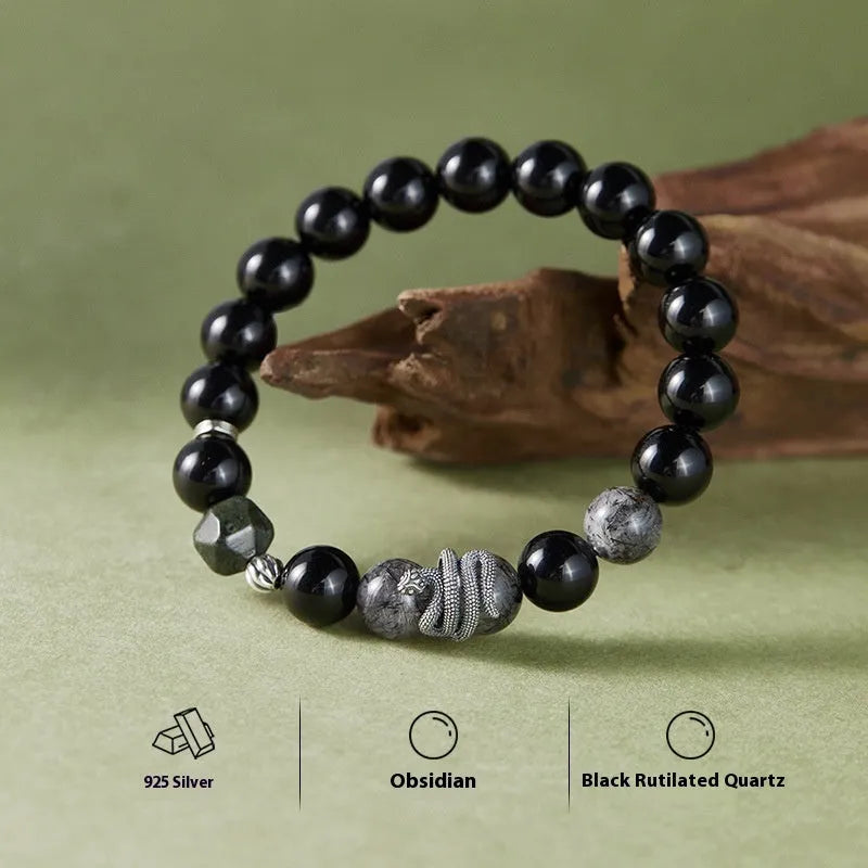 Men's S925 sterling silver snake zodiac bracelet with black obsidian charm on wrist