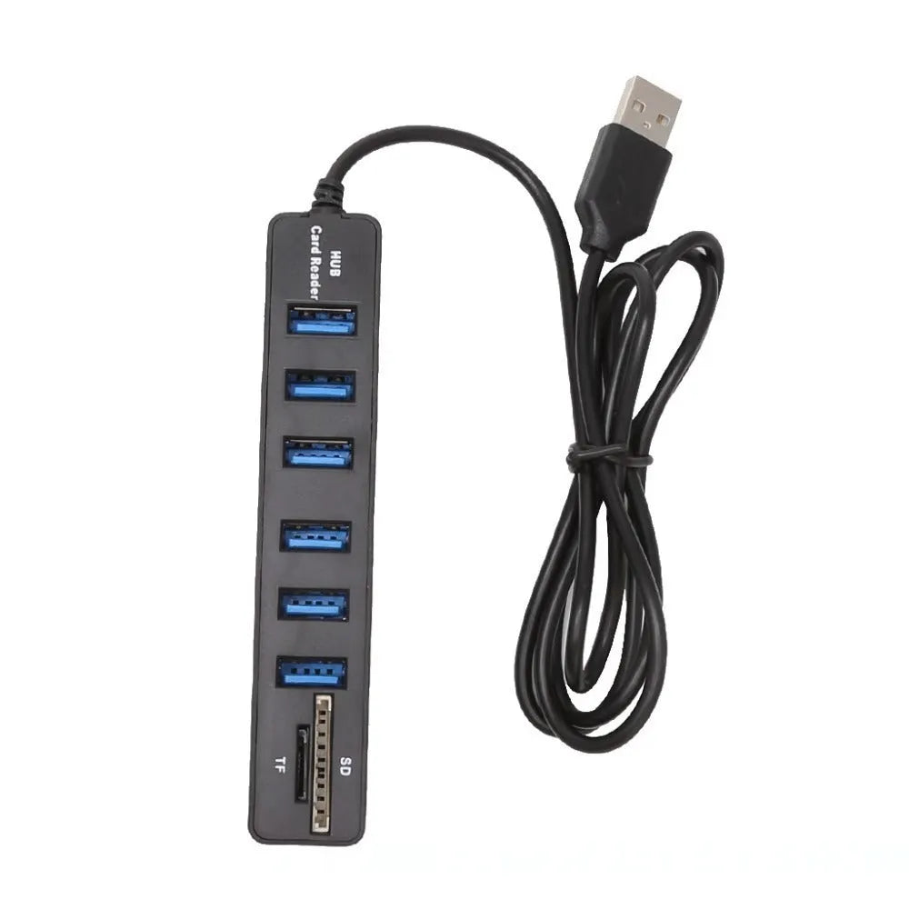 USB 2.0 hub with six ports and SD/TF card reader, black, 1cm cable length