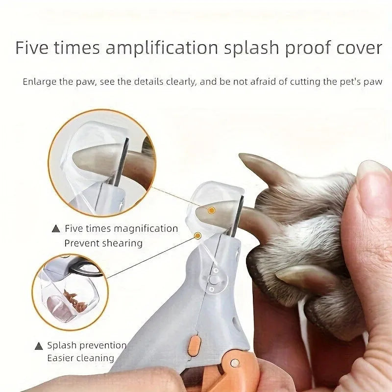 Yellow LED pet nail trimmer with magnifying glass nail catcher and steel blades for cats and dogs