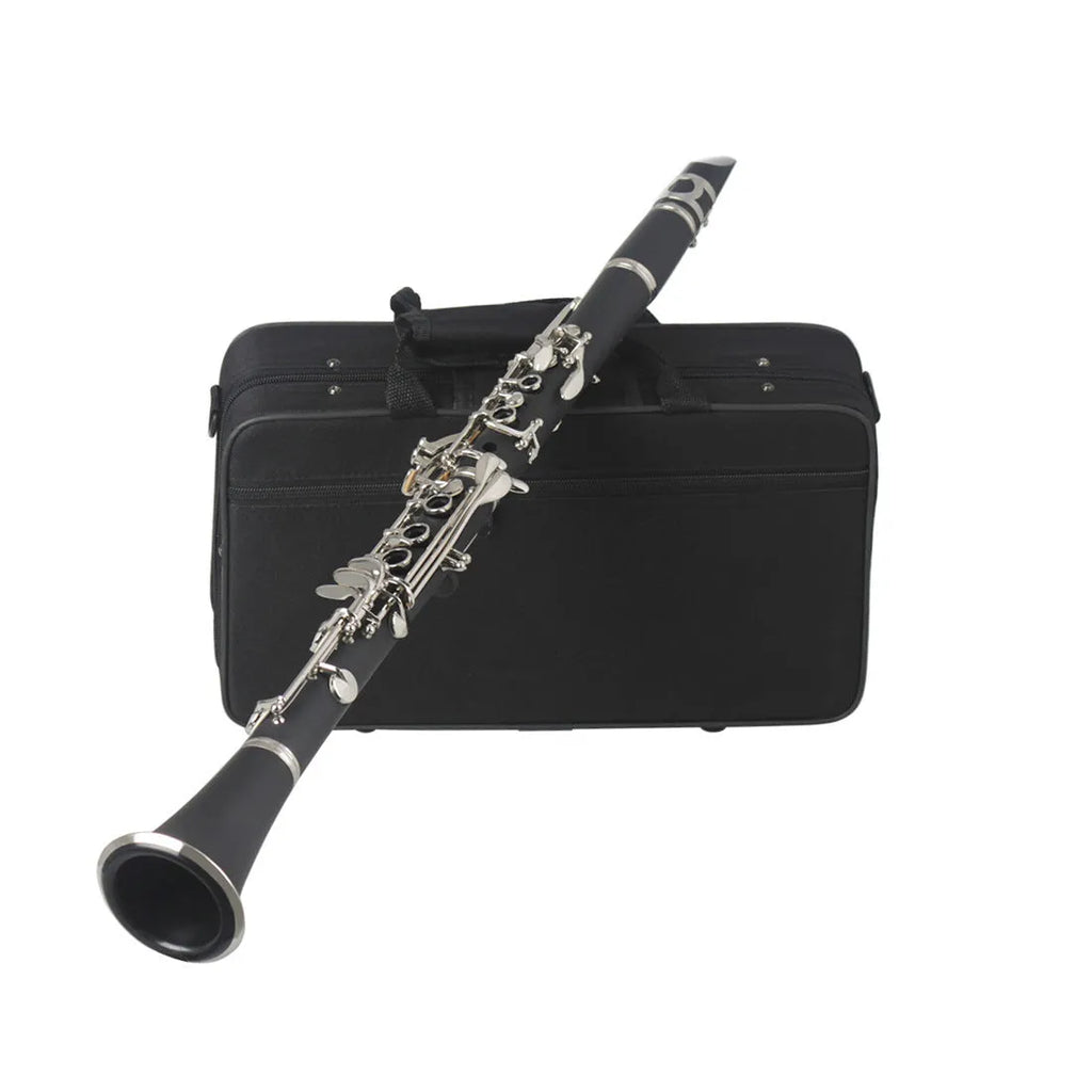 Black beginner clarinet with 17 nickel keys and carrying bag for musical practice