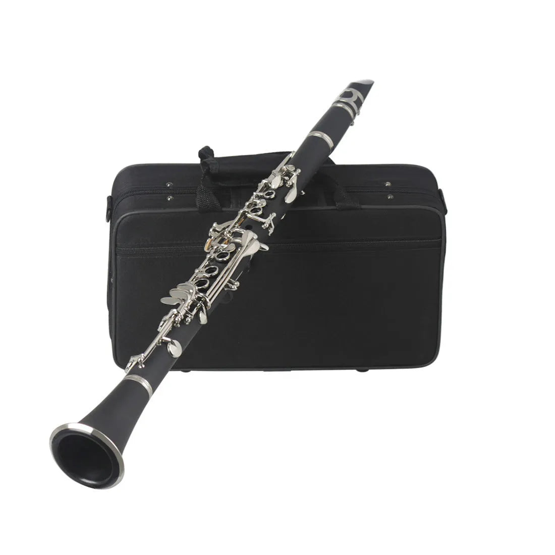 Black beginner clarinet with 17 nickel keys and carrying bag for musical practice