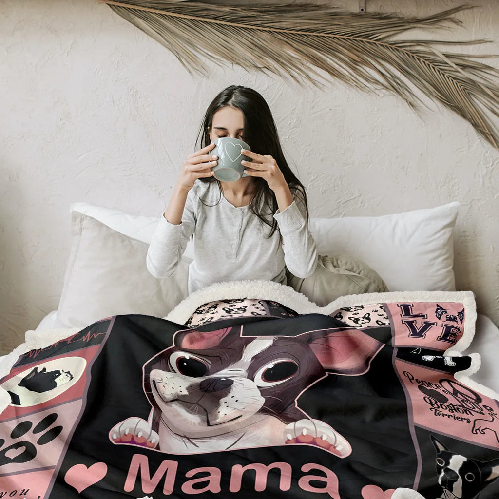 Pink dog themed lamb wool Sherpa fleece blanket on a sofa, soft and warm