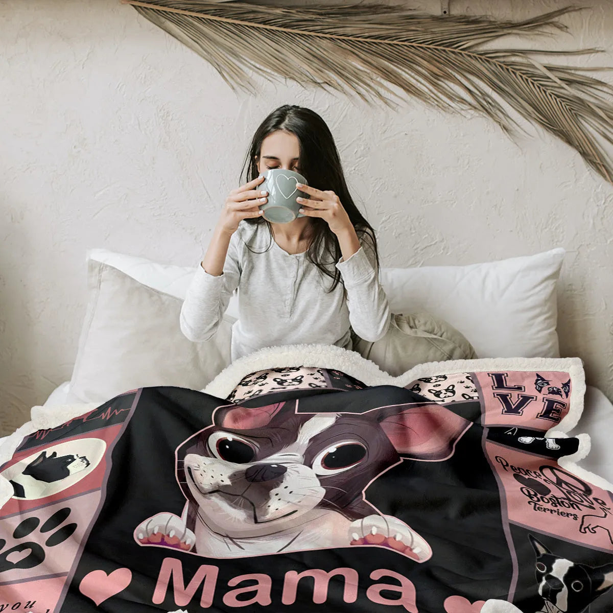 Pink dog themed lamb wool Sherpa fleece blanket on a sofa, soft and warm