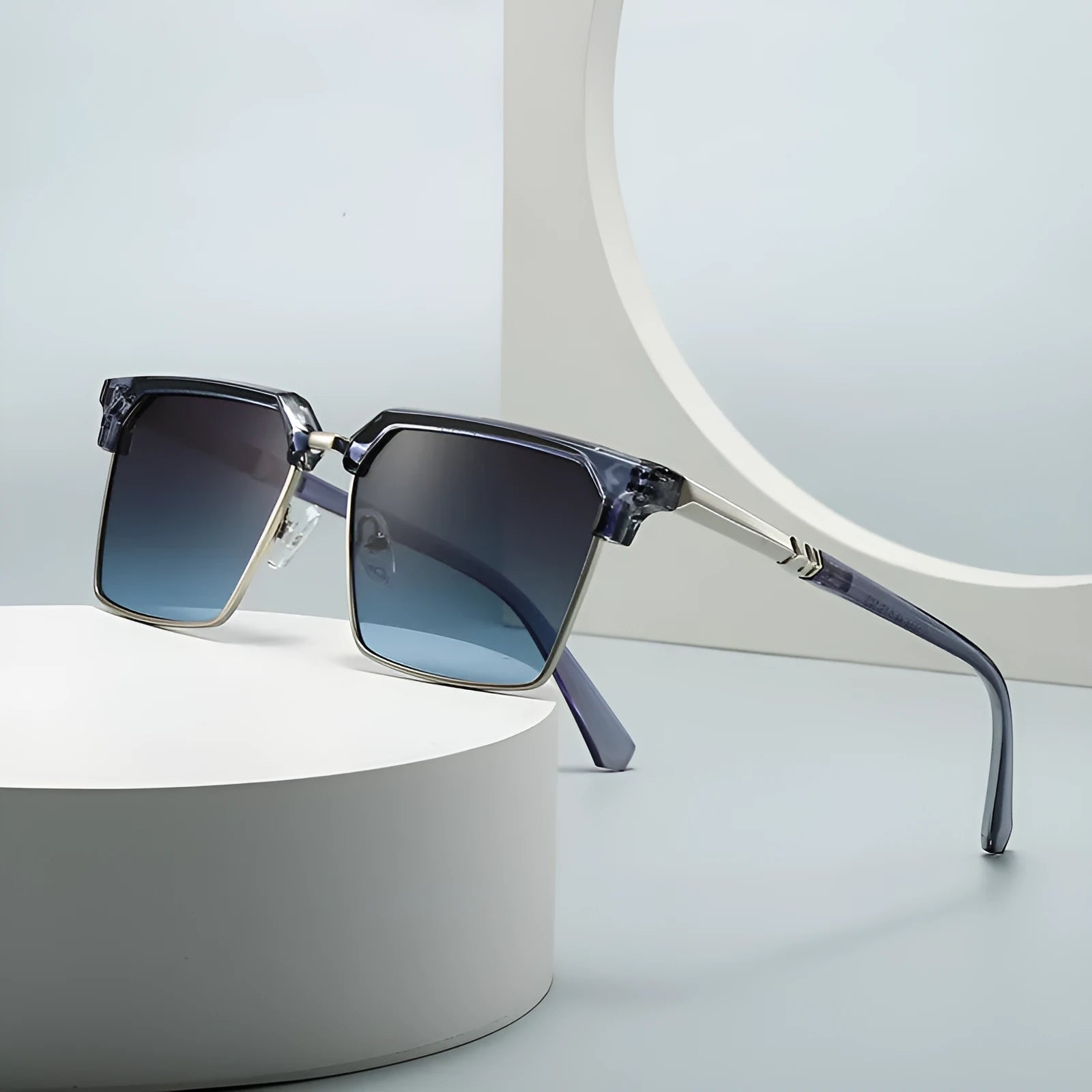 Men's square sunglasses with plastic frames showing six colour options on display