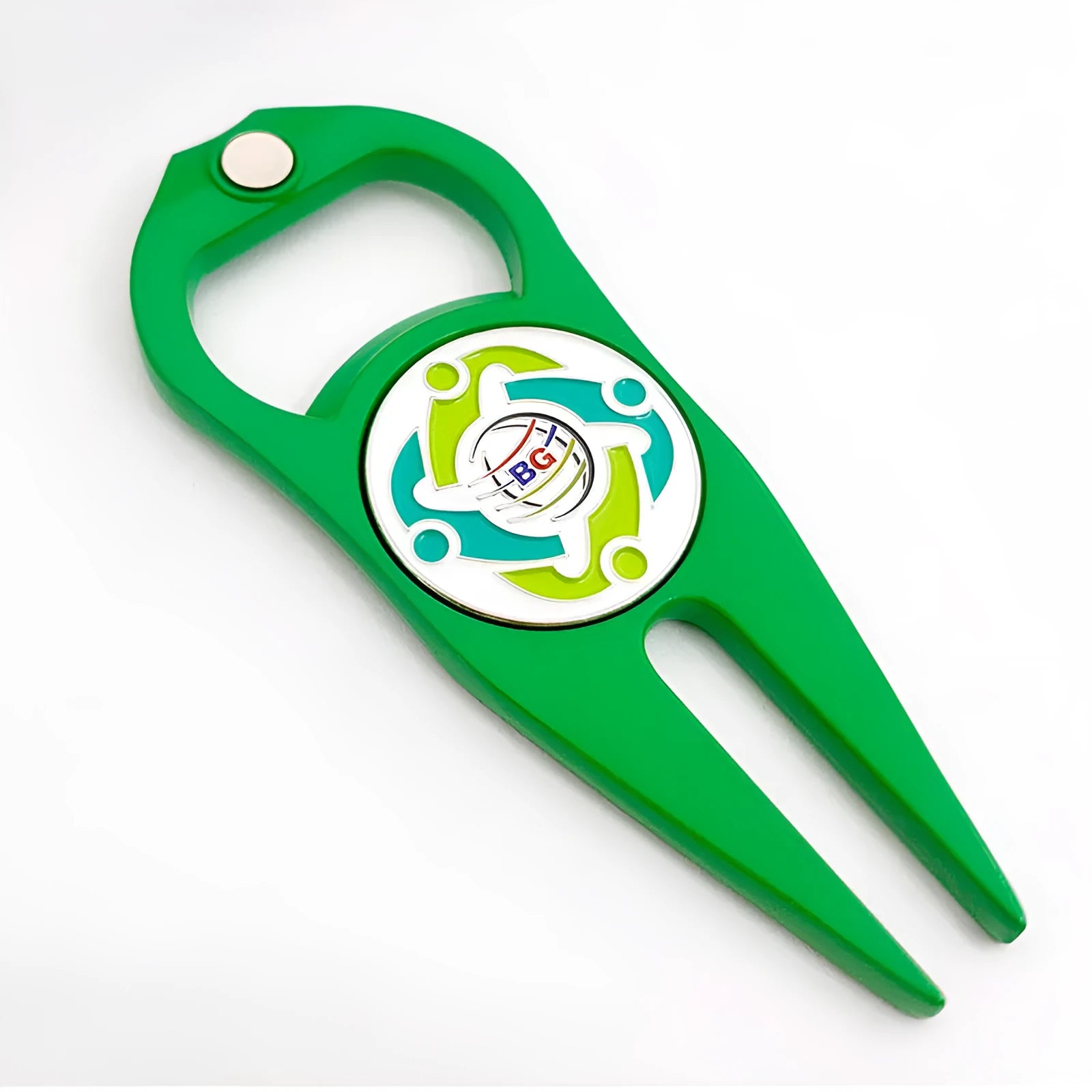 Zinc alloy golf ball marking fork with bottle opener in green, black, or silver colour options